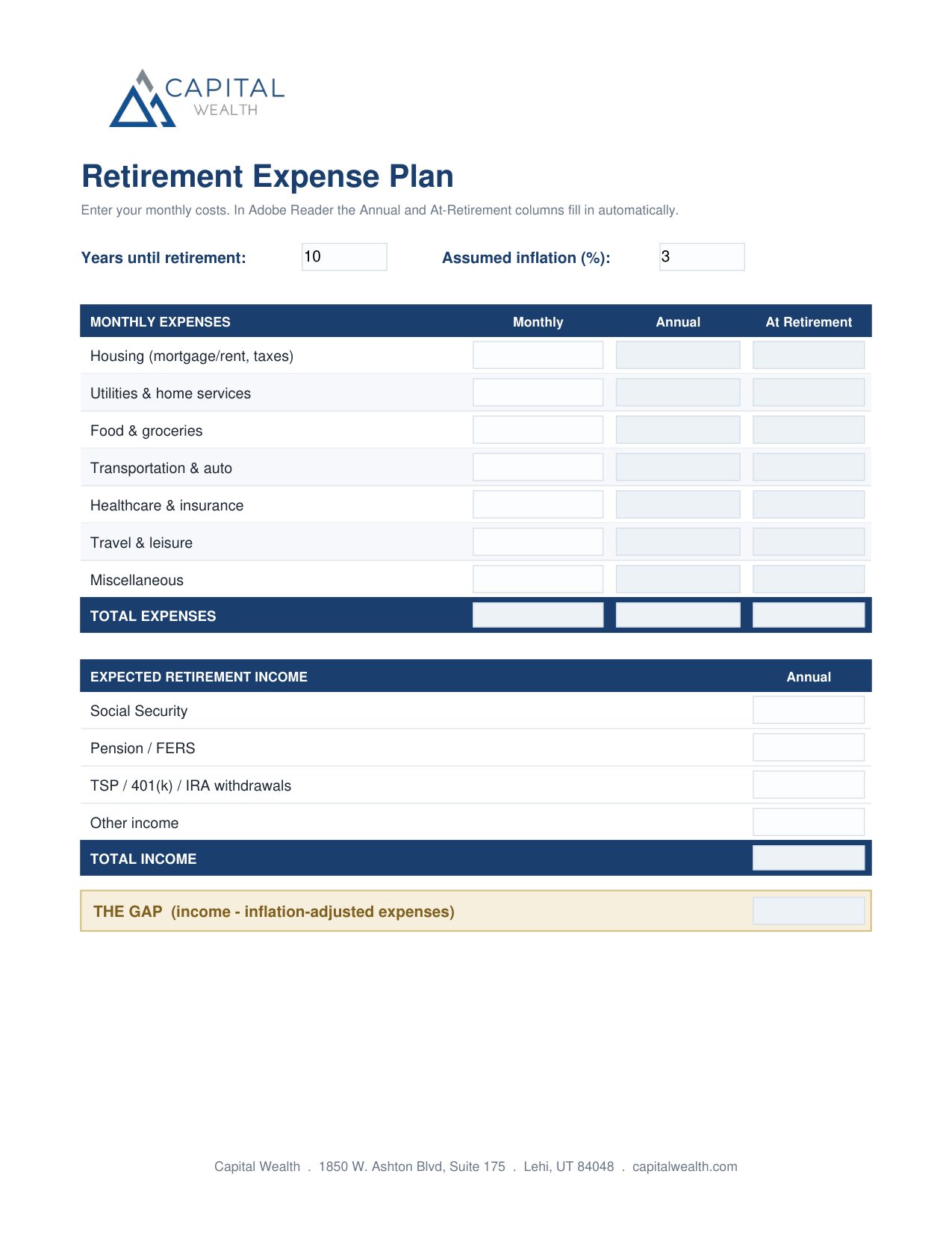 Preview of the Retirement Expense Plan worksheet